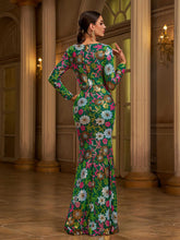 Green Floral Sequin Long Sleeve Prom Dress